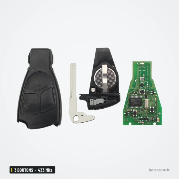 Clé télécommande 433 MHz 3 boutons pour Mercedes-Benz Classe C, E, S, ML - pièces détachées, coque lame et circuit visibles