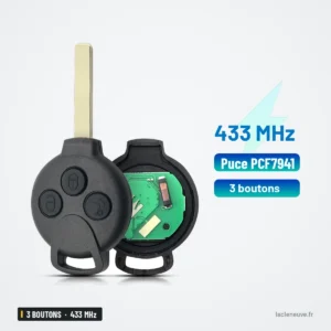 Clé télécommande 433 MHz 3 boutons pour Mercedes Smart Fortwo, puce ID46 - clé avec coque démontée, circuit imprimé visible