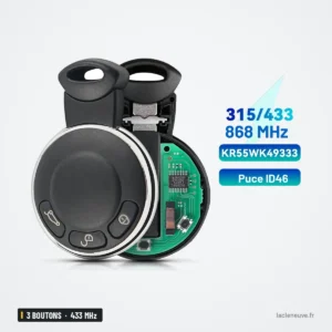 Clé télécommande 433 MHz 3 boutons pour Mini Cooper, Countryman, Cabrio - vue de face, lame dépliée et données techniques