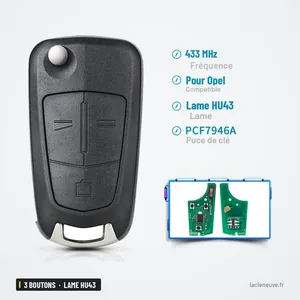 Clé télécommande 433 MHz 3 boutons pour Opel Vectra C, Signum, lame HU43 - vue de face, fiche technique et puce en encart Clé télécommande 433 MHz 3 boutons pour Opel Vectra C, Signum, lame HU43 - vue de face, fiche technique et puce en encart