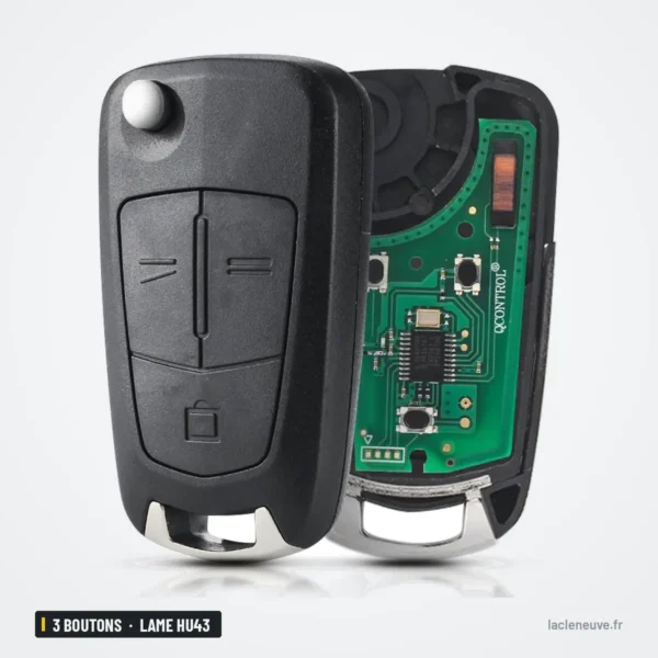 Clé télécommande 433 MHz 3 boutons pour Opel Vectra C, Signum, lame HU43 - coque ouverte, circuit visible