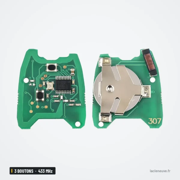 Clé télécommande 433 MHz 3 boutons pour Peugeot 206, Citroën C3, puce ID46 - circuit imprimé visible des deux côtés