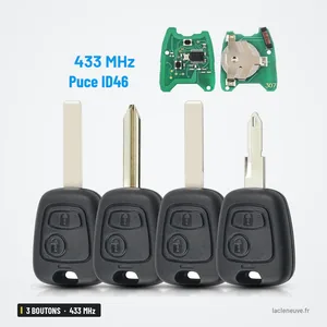 Clé télécommande 433 MHz 3 boutons pour Peugeot 207, Citroën Xsara, puce ID46 - quatre têtes de clé à lame fixe alignées