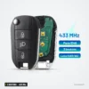 Clé télécommande 433 MHz 3 boutons pour Peugeot 208, 2008, 308, puce ID46 - coque ouverte, circuit et trois boutons