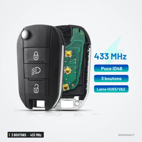 Clé télécommande 433 MHz 3 boutons pour Peugeot 208, 2008, 308, puce ID46 - coque ouverte, circuit et trois boutons