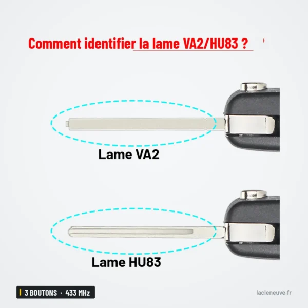 Clé télécommande 433 MHz 3 boutons pour Peugeot 208, 2008, 308, puce ID46 - comparaison de deux lames différentes