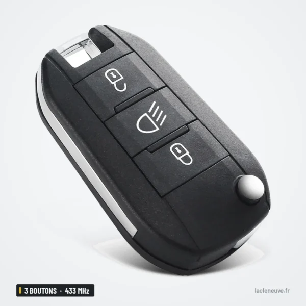 Clé télécommande 433 MHz 3 boutons pour Peugeot 208, 2008, 308, puce ID46 - clé à lame sortie, vue verticale