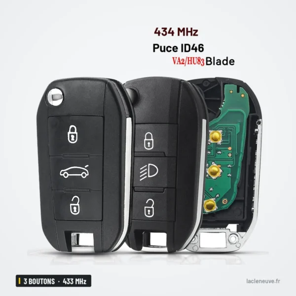 Clé télécommande 433 MHz 3 boutons pour Peugeot 208, 2008 - trois coques différentes, une ouverte avec circuit