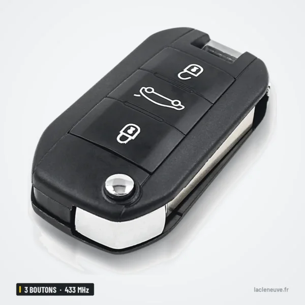Clé télécommande 433 MHz 3 boutons pour Peugeot 208, 2008, Citroën C4 Cactus - vue de face, trois boutons