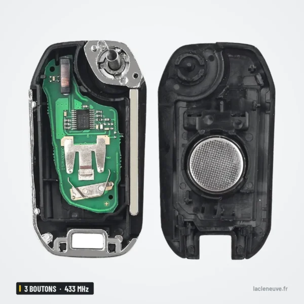 Clé télécommande 433 MHz 3 boutons pour Peugeot 208, 2008, Citroën C4 Cactus - coque ouverte, intérieur et circuit visibles