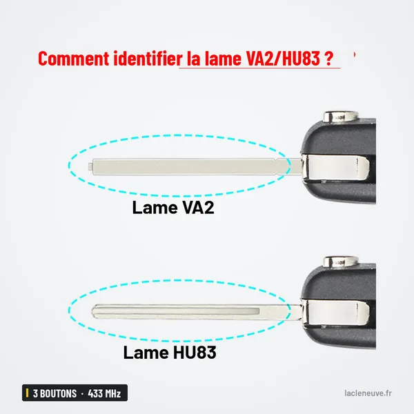 Clé télécommande 433 MHz 3 boutons pour Peugeot 208, 2008, Citroën C4 Cactus - comparaison de deux lames différentes