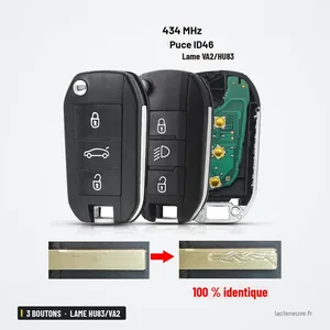Clé télécommande 433 MHz 3 boutons pour Peugeot 208, 301, 308 - clé dépliée, lame sortie, comparaison de deux lames
