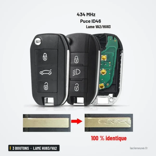 Clé télécommande 433 MHz 3 boutons pour Peugeot 208, 301, 308 - clé dépliée, lame sortie, comparaison de deux lames