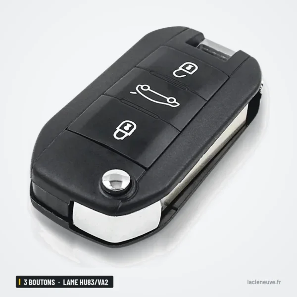 Clé télécommande 433 MHz 3 boutons pour Peugeot 208, 301, 308, lame HU83/VA2 - clé repliée, lame rentrée, trois boutons
