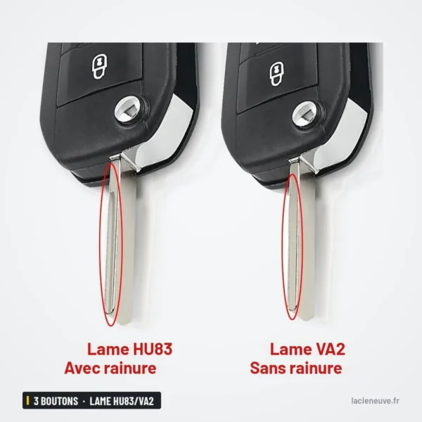 Clé télécommande 433 MHz 3 boutons pour Peugeot 208, 301, 308, lame HU83/VA2 - deux lames comparées, l'une avec rainure