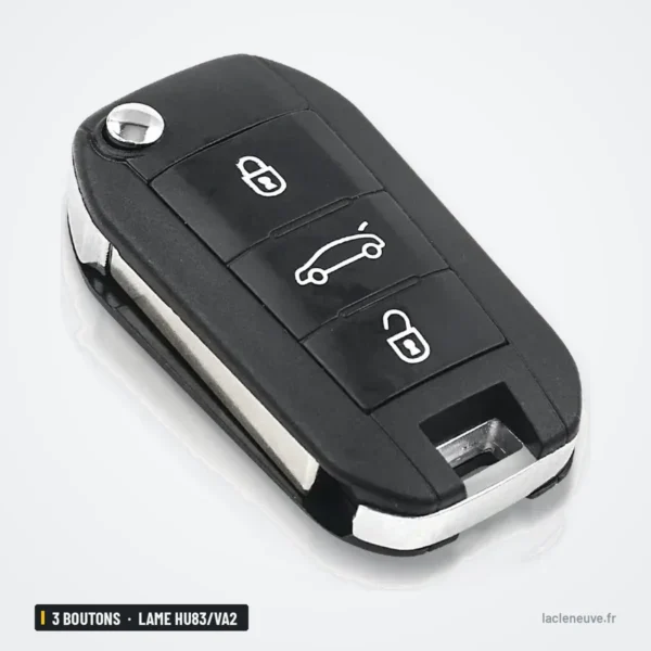 Clé télécommande 433 MHz 3 boutons pour Peugeot 208, 301, 308, lame HU83/VA2 - clé dépliée, lame sortie, anneau chromé