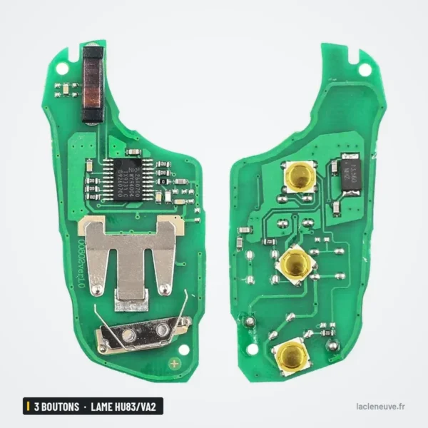 Clé télécommande 433 MHz 3 boutons pour Peugeot 208, 301, 308, lame HU83/VA2 - coque ouverte, mécanisme à ressort et circuit