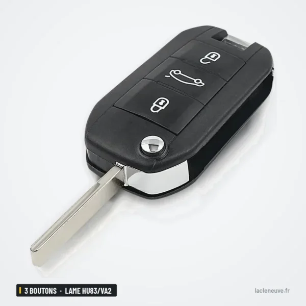 Clé télécommande 433 MHz 3 boutons pour Peugeot 208, 301, 308, lame HU83/VA2 - clé de profil, lame dépliée