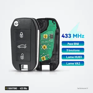 Clé télécommande 433 MHz 3 boutons pour Peugeot 208, Citroën C4L, VA2/HU83 - coque ouverte avec circuit et fiche technique