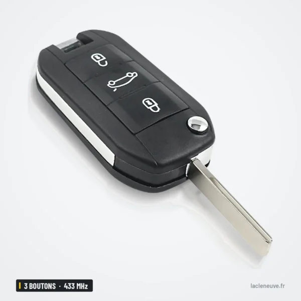 Clé télécommande 433 MHz 3 boutons pour Peugeot 208, Citroën C4L, VA2/HU83 - lame dépliée, vue de trois quarts