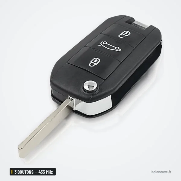 Clé télécommande 433 MHz 3 boutons pour Peugeot 208, Citroën C4L, VA2/HU83 - lame dépliée, vue de face