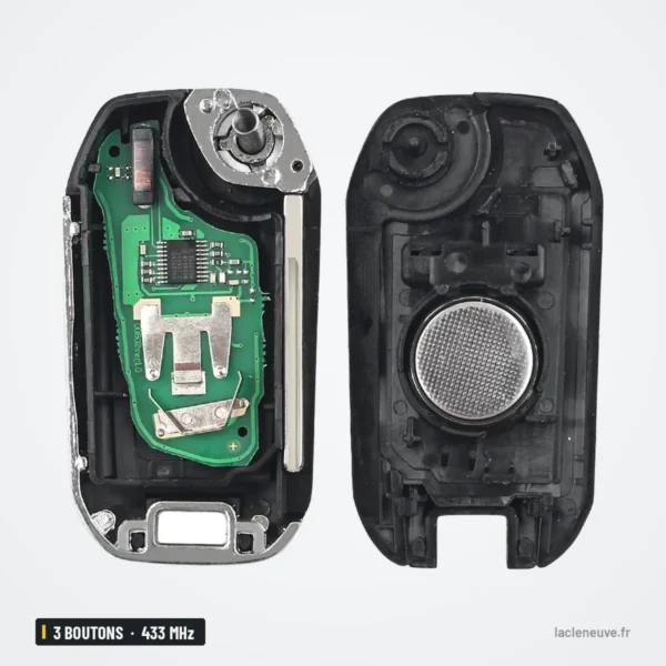 Clé télécommande 433 MHz 3 boutons pour Peugeot 208, Citroën C4L, VA2/HU83 - coque démontée en deux parties, pile visible