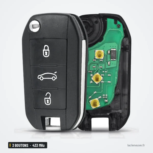 Clé télécommande 433 MHz 3 boutons pour Peugeot 208, Citroën C4L, VA2/HU83 - coque ouverte, circuit imprimé visible