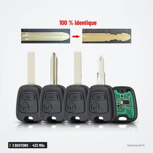 Clé télécommande 433 MHz 3 boutons pour Peugeot, Citroën, puce ID46 - plusieurs clés alignées avec lames comparées