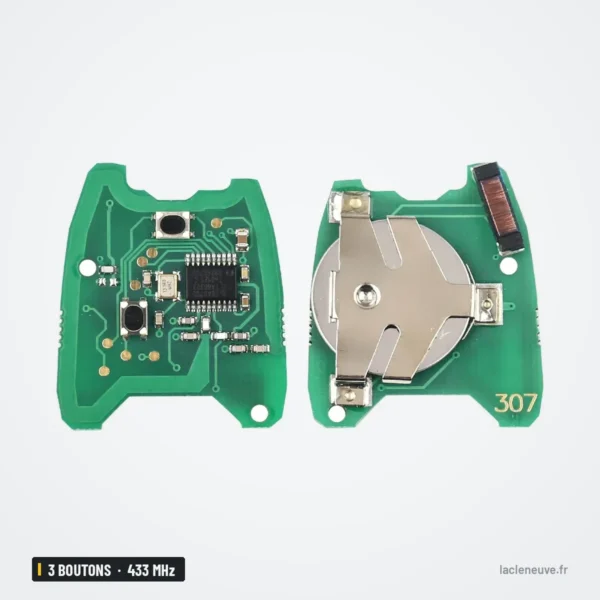Clé télécommande 433 MHz 3 boutons pour Peugeot, Citroën, puce ID46 - circuit imprimé ouvert avec pile ronde