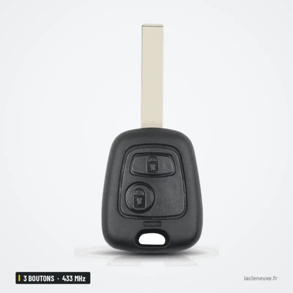 Clé télécommande 433 MHz 3 boutons pour Peugeot, Citroën, puce ID46 - vue de face, deux boutons, lame déployée