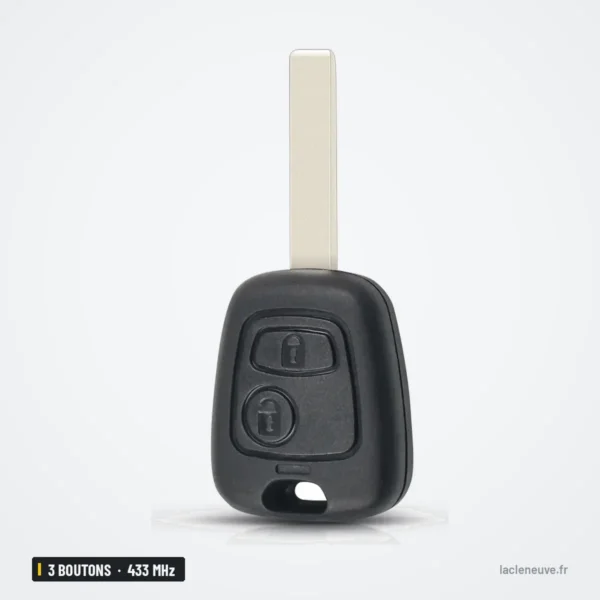 Clé télécommande 433 MHz 3 boutons pour Peugeot, Citroën, puce ID46 - vue de face inclinée, deux boutons visibles