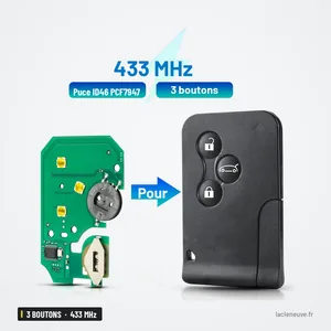 Clé télécommande 433 MHz 3 boutons pour Renault Clio, Megane, Scénic - circuit relié à la clé assemblée par une flèche