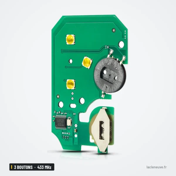 Clé télécommande 433 MHz 3 boutons pour Renault Clio, Megane, Scénic, puce ID46 - circuit imprimé, pile apparente