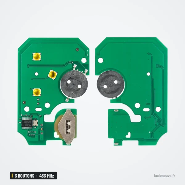 Clé télécommande 433 MHz 3 boutons pour Renault Clio, Megane, Scénic, puce ID46 - deux circuits imprimés comparés côte à côte