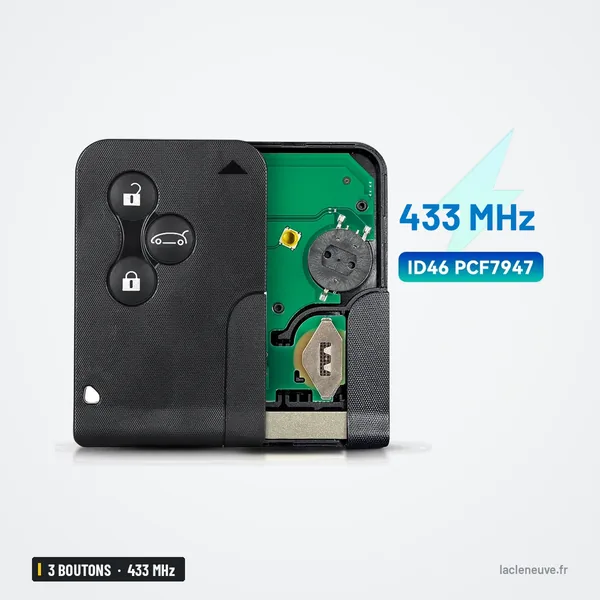 Clé télécommande 433 MHz 3 boutons pour Renault Mégane 2, Scénic, puce ID46 - carte ouverte, circuit électronique visible