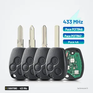 Clé télécommande 433 MHz 3 boutons pour Renault Twingo, Dacia Duster, Sandero - quatre lames alignées en éventail