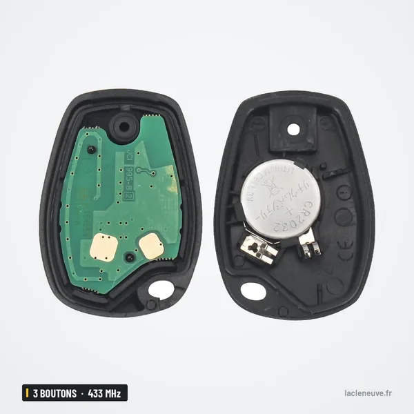Clé télécommande 433 MHz 3 boutons pour Renault Twingo, Dacia Duster, Sandero - intérieur ouvert, pile ronde visible