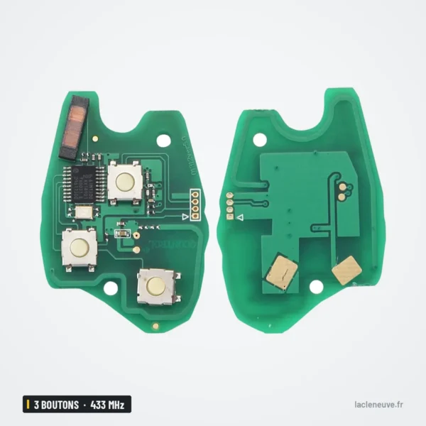 Clé télécommande 433 MHz 3 boutons pour Renault Twingo, Dacia Duster, Sandero - circuit électronique en gros plan