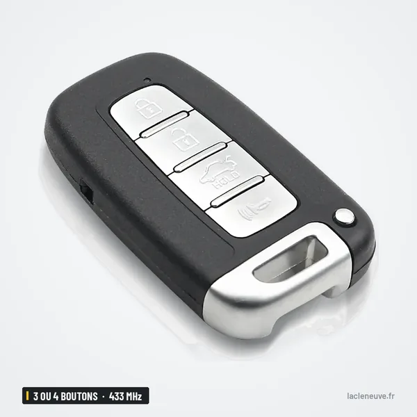 Clé télécommande 433 MHz 3 ou 4 boutons pour Hyundai i30, ix35, Kia Rio - vue de face, bords chromés
