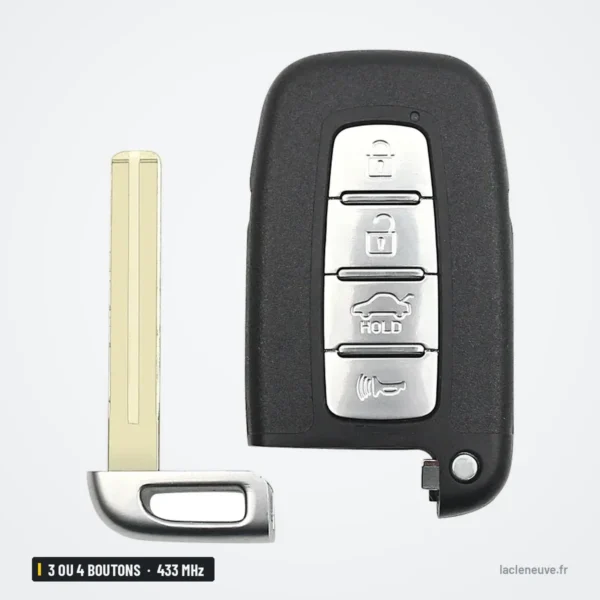 Clé télécommande 433 MHz 3 ou 4 boutons pour Hyundai Sonata, Kia Rio, Elantra - lame sortie à côté du boîtier