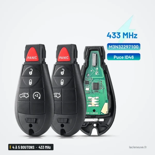 Clé télécommande 433 MHz 4 à 5 boutons pour Dodge Dart, puce ID46 - trois versions, circuit apparent sur l'une d'elles