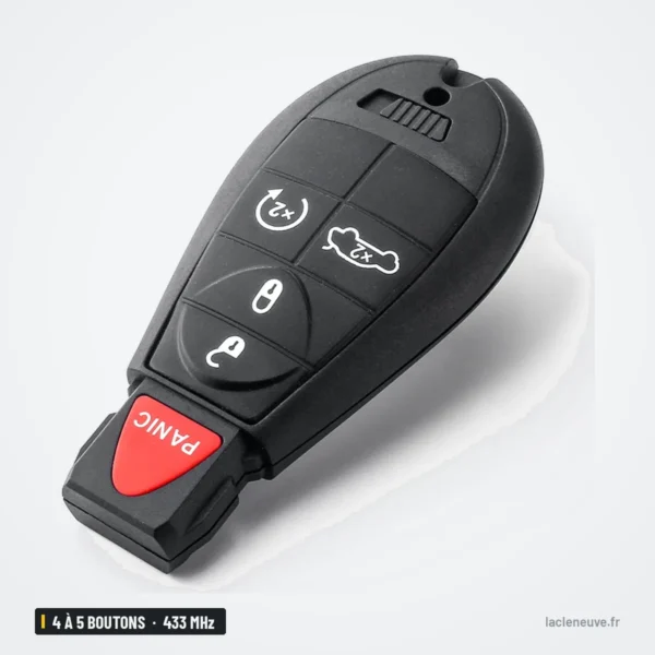 Clé télécommande 433 MHz 4 à 5 boutons pour Dodge Dart, puce ID46 - vue de face avec bouton panique rouge