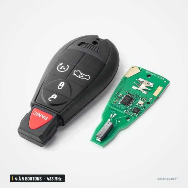 Clé télécommande 433 MHz 4 à 5 boutons pour Dodge Dart, puce ID46 - coque entrouverte montrant le circuit