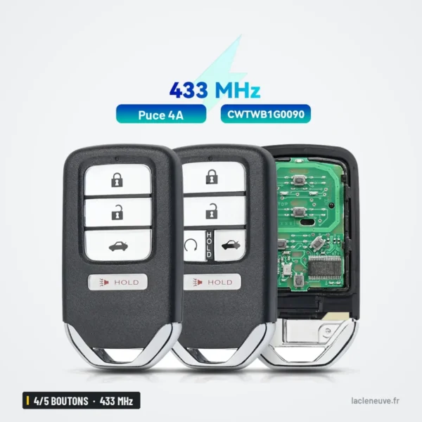 Clé télécommande 433 MHz 4/5 boutons pour Honda Accord, Fit, HR-V, puce 4A - trois clés alignées, une ouverte avec circuit