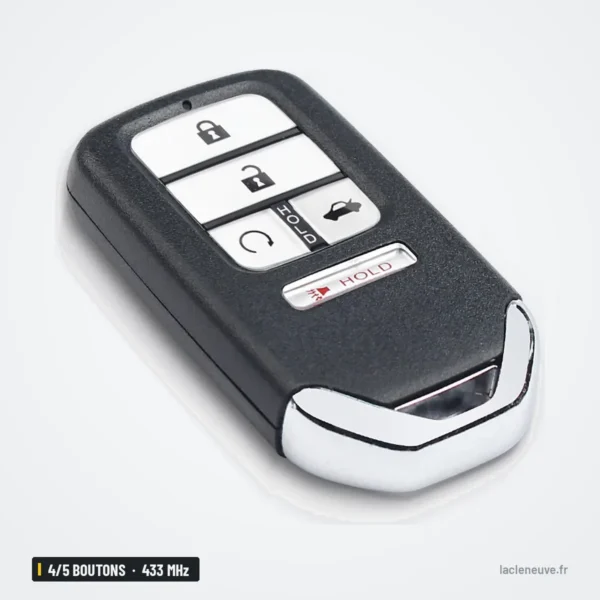 Clé télécommande 433 MHz 4/5 boutons pour Honda Accord, Fit, HR-V, puce 4A - vue de face en angle, boutons visibles