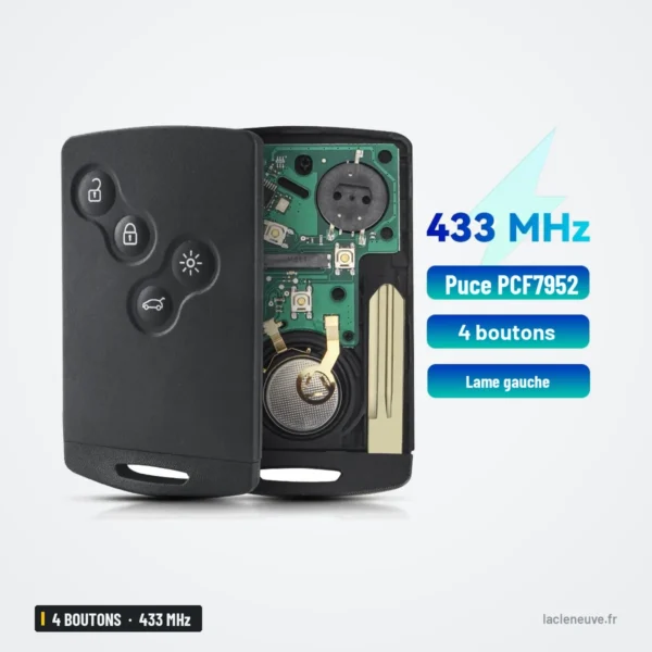 Clé télécommande 433 MHz 4 boutons pour Renault Mégane 3, Clio, puce PCF7952 - coque ouverte avec circuit et pile