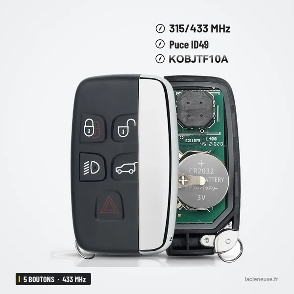 Clé télécommande 433 MHz 5 boutons pour Land Rover Discovery 4, Freelander 2 - faces avant et arrière, pile visible