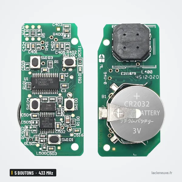 Clé télécommande 433 MHz 5 boutons pour Land Rover Discovery 4, Freelander 2 - circuit imprimé avec pile bouton