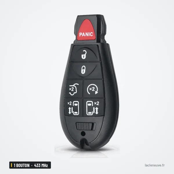 Clé télécommande 433 MHz 6+1 boutons pour Dodge Caravan, Chrysler, Jeep - vue de face, bouton panic et boutons verrouillage
