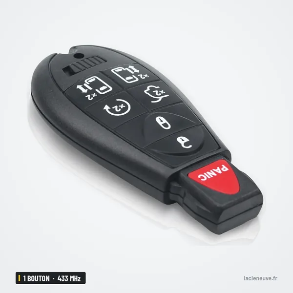 Clé télécommande 433 MHz 6+1 boutons pour Dodge Caravan, Chrysler, Jeep - vue de trois quarts, boutons et bouton panic